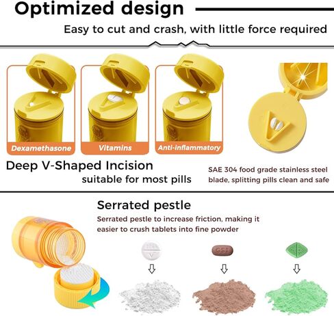 قطاعة حبوب منع الحمل المحمولة ومطحنة إينوك كسارة تقسيم الأقراص وحجيرات التخزين مع كوب للشرب، وتقسيم وسحق الحبوب والأقراص والفيتامينات والأدوية | لتلبية الاحتياجات الطبية للأطفال وكبار السن (أصفر) in Kuwait