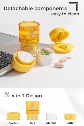 قطاعة حبوب منع الحمل المحمولة ومطحنة إينوك كسارة تقسيم الأقراص وحجيرات التخزين مع كوب للشرب، وتقسيم وسحق الحبوب والأقراص والفيتامينات والأدوية | لتلبية الاحتياجات الطبية للأطفال وكبار السن (أصفر) in Kuwait