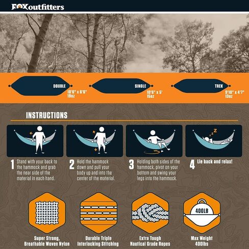 أرجوحة تخييم مزدوجة من Fox Outfitters Neolite - أرجوحة مظلات نايلون محمولة خفيفة الوزن لحقائب الظهر والسفر والشاطئ والفناء. تتضمن أشرطة الأرجوحة وحلقات تسلق الفولاذ (كاكي/أخضر زيتوني) in Kuwait