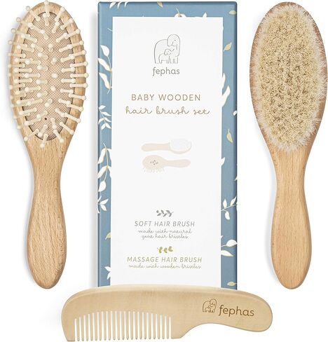 fephas Baby Hair Brush and Comb – 3pcs Wooden Baby Brush Set for Newborns – Hair Brush Set with Natural Soft Goat Bristles/Wooden Bristles and Comb – Lovely Baby Registry Items and in Kuwait