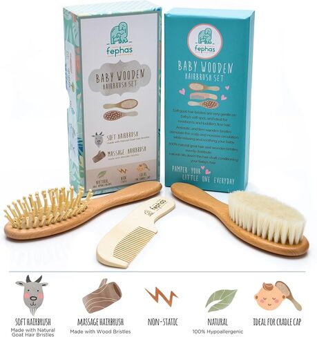 fephas Baby Hair Brush and Comb – 3pcs Wooden Baby Brush Set for Newborns – Hair Brush Set with Natural Soft Goat Bristles/Wooden Bristles and Comb – Lovely Baby Registry Items and in Kuwait