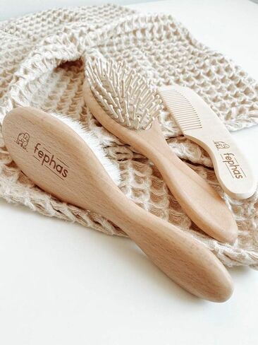 fephas Baby Hair Brush and Comb – 3pcs Wooden Baby Brush Set for Newborns – Hair Brush Set with Natural Soft Goat Bristles/Wooden Bristles and Comb – Lovely Baby Registry Items and in Kuwait