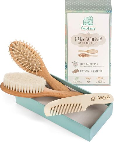 fephas Baby Hair Brush and Comb – 3pcs Wooden Baby Brush Set for Newborns – Hair Brush Set with Natural Soft Goat Bristles/Wooden Bristles and Comb – Lovely Baby Registry Items and in Kuwait