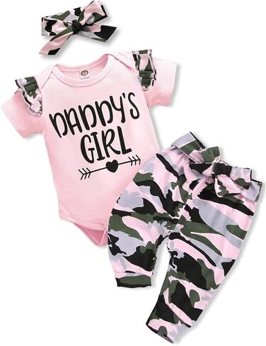Kislio Newborn Baby Camouflage Outfit Daddys Girl Ruffle Romper Camo Pants Headband Set in Kuwait