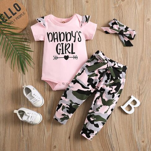Kislio Newborn Baby Camouflage Outfit Daddys Girl Ruffle Romper Camo Pants Headband Set in Kuwait