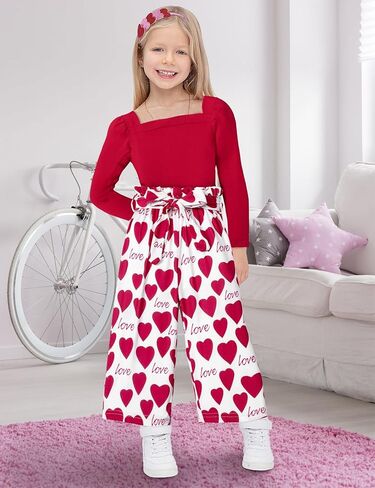 Girl Clothes, Toddler Girl Clothes Square Neck Puff Long Sleeve Top Striped Pants Headband 3Pcs Fall Clothes Set in Saudi Arabia