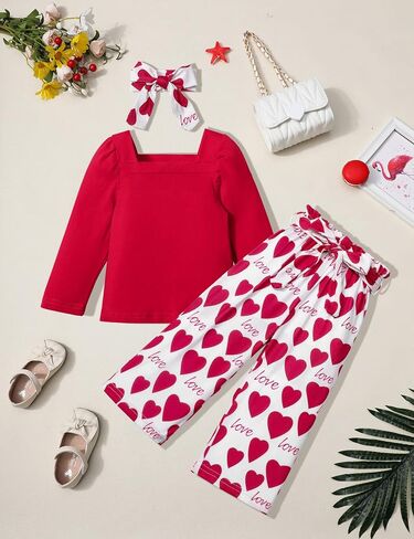 Girl Clothes, Toddler Girl Clothes Square Neck Puff Long Sleeve Top Striped Pants Headband 3Pcs Fall Clothes Set in Saudi Arabia