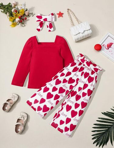 Girl Clothes, Toddler Girl Clothes Square Neck Puff Long Sleeve Top Striped Pants Headband 3Pcs Fall Clothes Set in Saudi Arabia