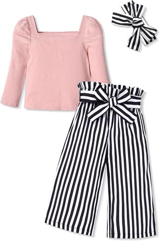 Girl Clothes, Toddler Girl Clothes Square Neck Puff Long Sleeve Top Striped Pants Headband 3Pcs Fall Clothes Set in Saudi Arabia