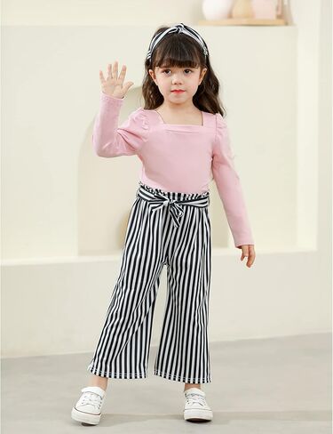 Girl Clothes, Toddler Girl Clothes Square Neck Puff Long Sleeve Top Striped Pants Headband 3Pcs Fall Clothes Set in Saudi Arabia