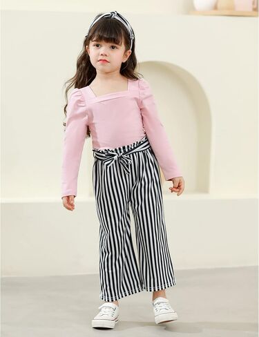 Girl Clothes, Toddler Girl Clothes Square Neck Puff Long Sleeve Top Striped Pants Headband 3Pcs Fall Clothes Set in Saudi Arabia