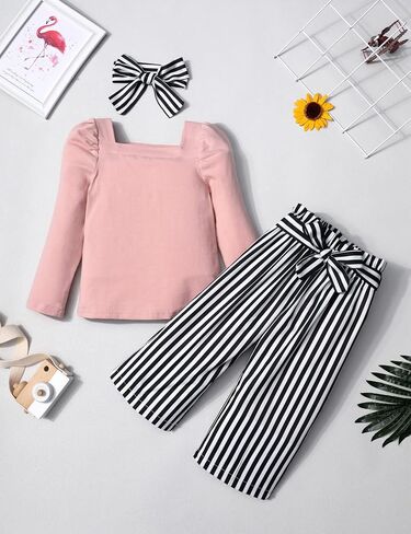 Girl Clothes, Toddler Girl Clothes Square Neck Puff Long Sleeve Top Striped Pants Headband 3Pcs Fall Clothes Set in Saudi Arabia