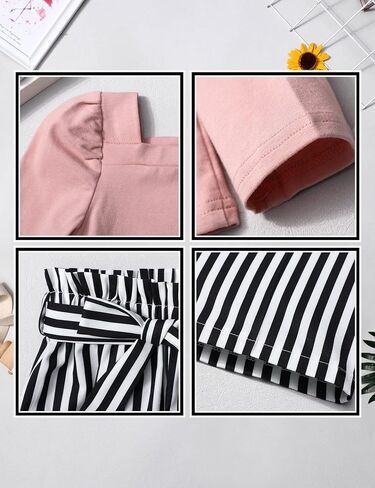 Girl Clothes, Toddler Girl Clothes Square Neck Puff Long Sleeve Top Striped Pants Headband 3Pcs Fall Clothes Set in Saudi Arabia