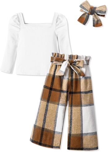 Girl Clothes, Toddler Girl Clothes Square Neck Puff Long Sleeve Top Striped Pants Headband 3Pcs Fall Clothes Set in Saudi Arabia