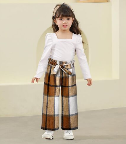 Girl Clothes, Toddler Girl Clothes Square Neck Puff Long Sleeve Top Striped Pants Headband 3Pcs Fall Clothes Set in Saudi Arabia