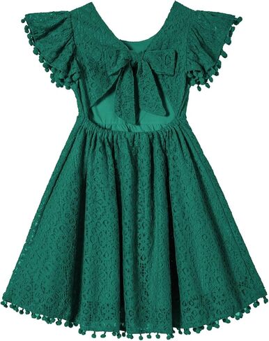 Niyage Backless Toddler Dress Open Back Girls Lace Bow Tie-Back Pom Pom Flutter Sleeves Party Princess Dresses in Saudi Arabia
