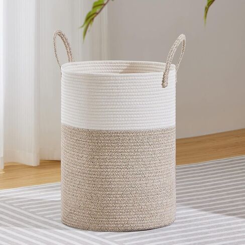 VIPOSCO Large Laundry Hamper, Tall Woven Rope Storage Basket for Blanket, Toys, Dirty Clothes in Living Room, Bathroom, Bedroom - 58L White & Brown in Kuwait