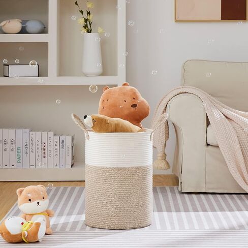 VIPOSCO Large Laundry Hamper, Tall Woven Rope Storage Basket for Blanket, Toys, Dirty Clothes in Living Room, Bathroom, Bedroom - 58L White & Brown in Kuwait