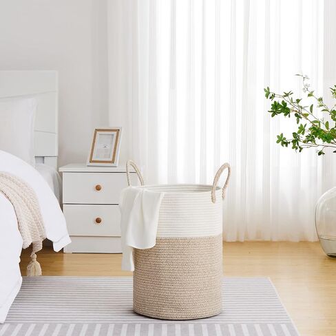 VIPOSCO Large Laundry Hamper, Tall Woven Rope Storage Basket for Blanket, Toys, Dirty Clothes in Living Room, Bathroom, Bedroom - 58L White & Brown in Kuwait