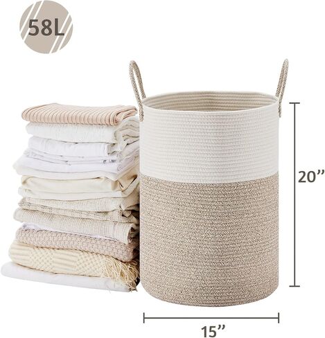 VIPOSCO Large Laundry Hamper, Tall Woven Rope Storage Basket for Blanket, Toys, Dirty Clothes in Living Room, Bathroom, Bedroom - 58L White & Brown in Kuwait