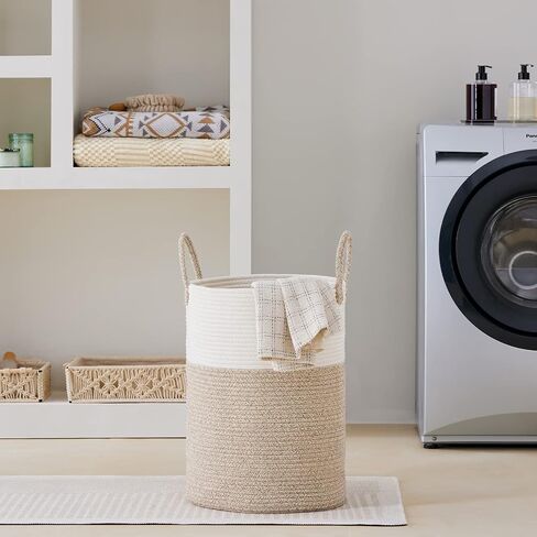 VIPOSCO Large Laundry Hamper, Tall Woven Rope Storage Basket for Blanket, Toys, Dirty Clothes in Living Room, Bathroom, Bedroom - 58L White & Brown in Kuwait