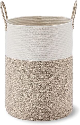 VIPOSCO Large Laundry Hamper, Tall Woven Rope Storage Basket for Blanket, Toys, Dirty Clothes in Living Room, Bathroom, Bedroom - 58L White & Brown in Kuwait