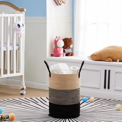 VIPOSCO Large Laundry Hamper, Tall Woven Rope Storage Basket for Blanket, Toys, Dirty Clothes in Living Room, Bathroom, Bedroom - 58L White & Brown in Kuwait