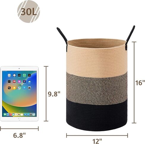 VIPOSCO Large Laundry Hamper, Tall Woven Rope Storage Basket for Blanket, Toys, Dirty Clothes in Living Room, Bathroom, Bedroom - 58L White & Brown in Kuwait