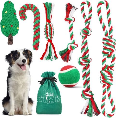 Sanlebi Christmas Dog Rope Toys - Tough Pets Puppy Chew Interactive Toys Washable Colored Cotton Rope for Large Medium Dogs Teeth Cleaning in Kuwait