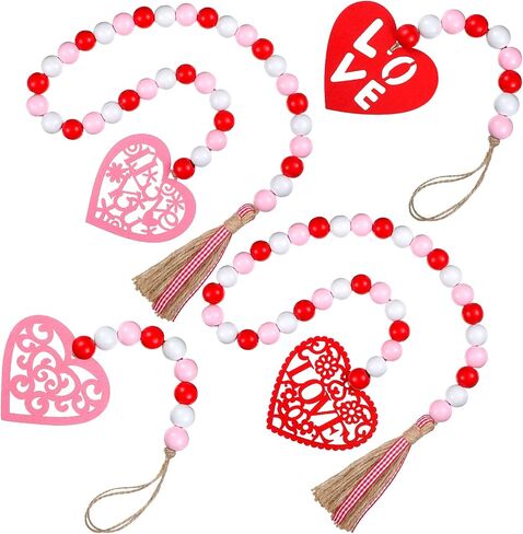 Tiered Tray Valentines Decor 4 Pieces Wood Bead Farmhouse Valentine Decor Heart Valentine's Day Wood Decor Rustic Valentine's Day Decor Valentine Beads Garland with Tassel Wood Bead Hanging Ornament in Kuwait