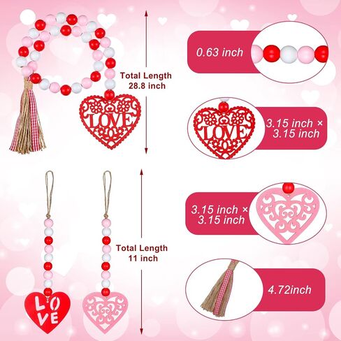 Tiered Tray Valentines Decor 4 Pieces Wood Bead Farmhouse Valentine Decor Heart Valentine's Day Wood Decor Rustic Valentine's Day Decor Valentine Beads Garland with Tassel Wood Bead Hanging Ornament in Kuwait