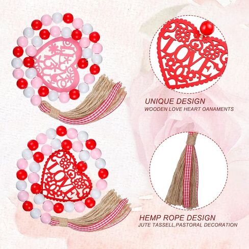 Tiered Tray Valentines Decor 4 Pieces Wood Bead Farmhouse Valentine Decor Heart Valentine's Day Wood Decor Rustic Valentine's Day Decor Valentine Beads Garland with Tassel Wood Bead Hanging Ornament in Kuwait
