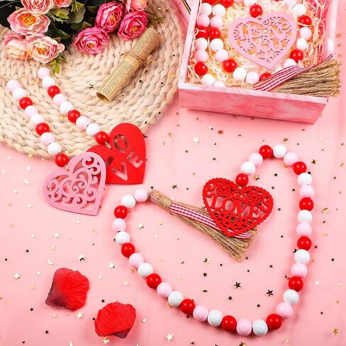 Tiered Tray Valentines Decor 4 Pieces Wood Bead Farmhouse Valentine Decor Heart Valentine's Day Wood Decor Rustic Valentine's Day Decor Valentine Beads Garland with Tassel Wood Bead Hanging Ornament in Kuwait