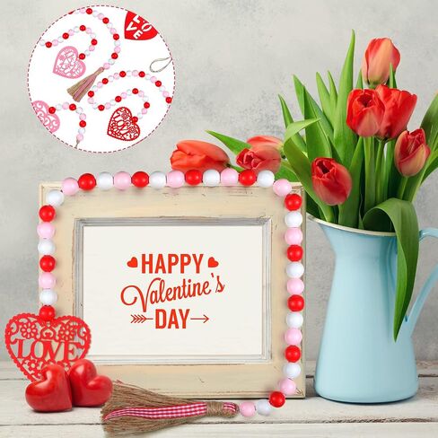 Tiered Tray Valentines Decor 4 Pieces Wood Bead Farmhouse Valentine Decor Heart Valentine's Day Wood Decor Rustic Valentine's Day Decor Valentine Beads Garland with Tassel Wood Bead Hanging Ornament in Kuwait