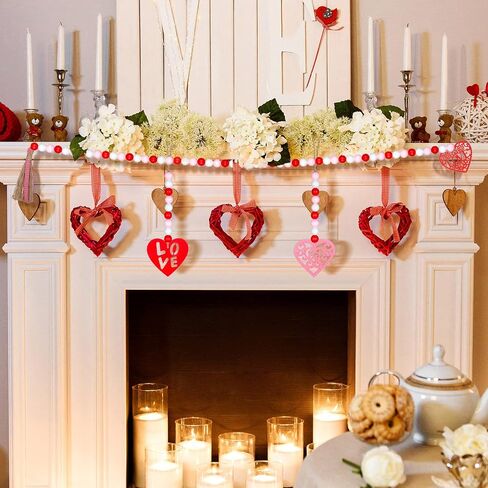 Tiered Tray Valentines Decor 4 Pieces Wood Bead Farmhouse Valentine Decor Heart Valentine's Day Wood Decor Rustic Valentine's Day Decor Valentine Beads Garland with Tassel Wood Bead Hanging Ornament in Kuwait