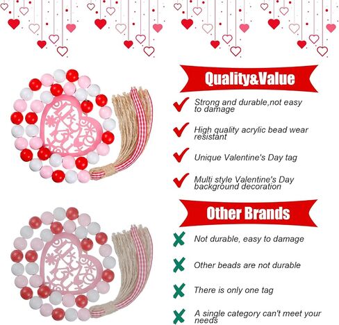 Tiered Tray Valentines Decor 4 Pieces Wood Bead Farmhouse Valentine Decor Heart Valentine's Day Wood Decor Rustic Valentine's Day Decor Valentine Beads Garland with Tassel Wood Bead Hanging Ornament in Kuwait