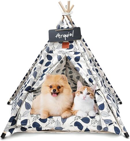 Arquiel Pet Teepee Tents, 24" Portable Dog Bed Cat Bed Cave with Thick Cushion, Washable Dog Cat houses Indoor (Blue Leaves) in Kuwait