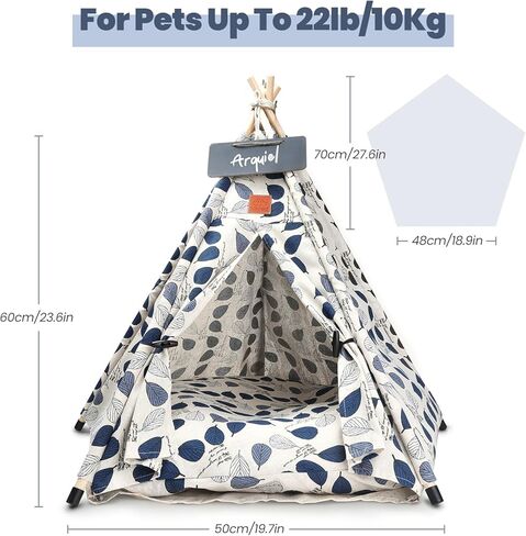Arquiel Pet Teepee Tents, 24" Portable Dog Bed Cat Bed Cave with Thick Cushion, Washable Dog Cat houses Indoor (Blue Leaves) in Kuwait