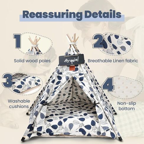 Arquiel Pet Teepee Tents, 24" Portable Dog Bed Cat Bed Cave with Thick Cushion, Washable Dog Cat houses Indoor (Blue Leaves) in Kuwait
