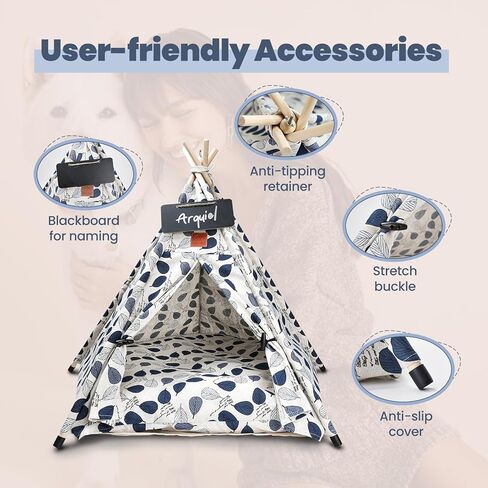 Arquiel Pet Teepee Tents, 24" Portable Dog Bed Cat Bed Cave with Thick Cushion, Washable Dog Cat houses Indoor (Blue Leaves) in Kuwait