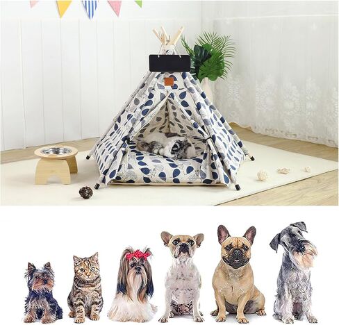 Arquiel Pet Teepee Tents, 24" Portable Dog Bed Cat Bed Cave with Thick Cushion, Washable Dog Cat houses Indoor (Blue Leaves) in Kuwait