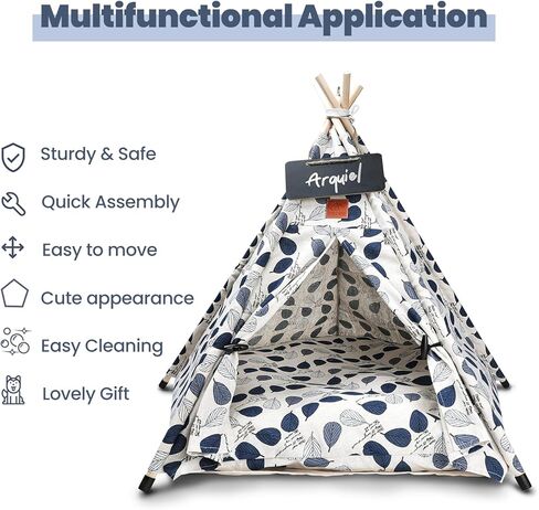 Arquiel Pet Teepee Tents, 24" Portable Dog Bed Cat Bed Cave with Thick Cushion, Washable Dog Cat houses Indoor (Blue Leaves) in Kuwait