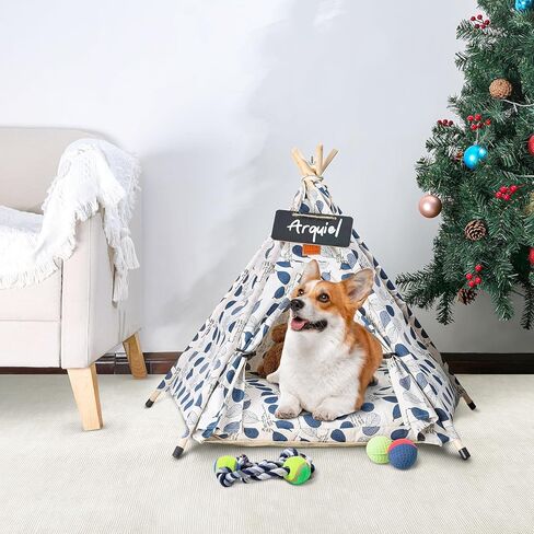 Arquiel Pet Teepee Tents, 24" Portable Dog Bed Cat Bed Cave with Thick Cushion, Washable Dog Cat houses Indoor (Blue Leaves) in Kuwait