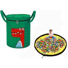 Foldable Toy Storage Basket with Play Mat, Children Toy Organizer with Anti Dust Lid, Portable Cartoon Drawstring Toy Storage Bucket, Quick Cleanup Container for Store Children's Toys (Dinosaur)