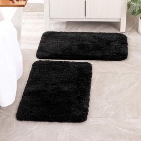 MIULEE Set of 2 Non Slip Shaggy Bathroom Rugs Extra Thick Soft Bath Mats Plush Microfiber Absorbent Water for Tub Shower Machine Washable (Black, 16x24 inches) in Kuwait