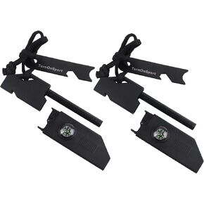 Magnesium Fire Starter Survival Kit | Waterproof Flint Steel Fire Starter with Compass | TurnOnSport Ferro Rods Fire Striker with Whistle & Paracord Lanyard for Camping, Hiking (Pack of 2) - Black in Kuwait