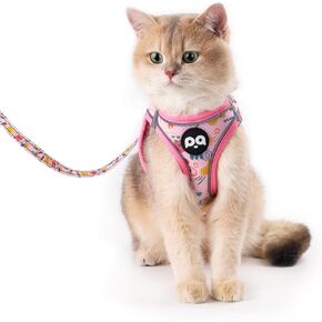 مجموعة حزام ومقود القطط من QQPETS للمشي ومقاومة للهروب، سترة قطط آمنة قابلة للتعديل مع أشرطة عاكسة، سترة خفيفة الوزن شبكية ناعمة سهلة التحكم (مخطط أزرق، L(الصدر 22"-24.8")