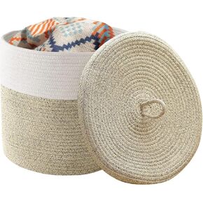 سلة بطانية Tegance مع غطاء، 16 بوصة عمق × 14 بوصة ارتفاع، سلة كبيرة من الحبال المنسوجة، سلة غسيل، سلة تخزين ألعاب الأطفال، سلة حضانة مزخرفة لغرفة المعيشة وغرفة النوم مع مقابض (بيج) in Kuwait