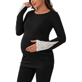 جينكانا قمصان الأمومة كم طويل بلايز الدانتيل تقليم الجولة الرقبة عادية الحمل تيز الستر ملابس أمومة لارتداء اليومي in Kuwait