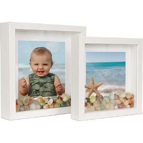 Shampsen White Shadow Box Frame 8x8 7x7 Square Box Frame with Mat, for 5x5 6x6 Pictures, for Wall and Tabletop Gift for Christmas, New Year, Birthday, Anniversary, Mother's Day, Set of 2
